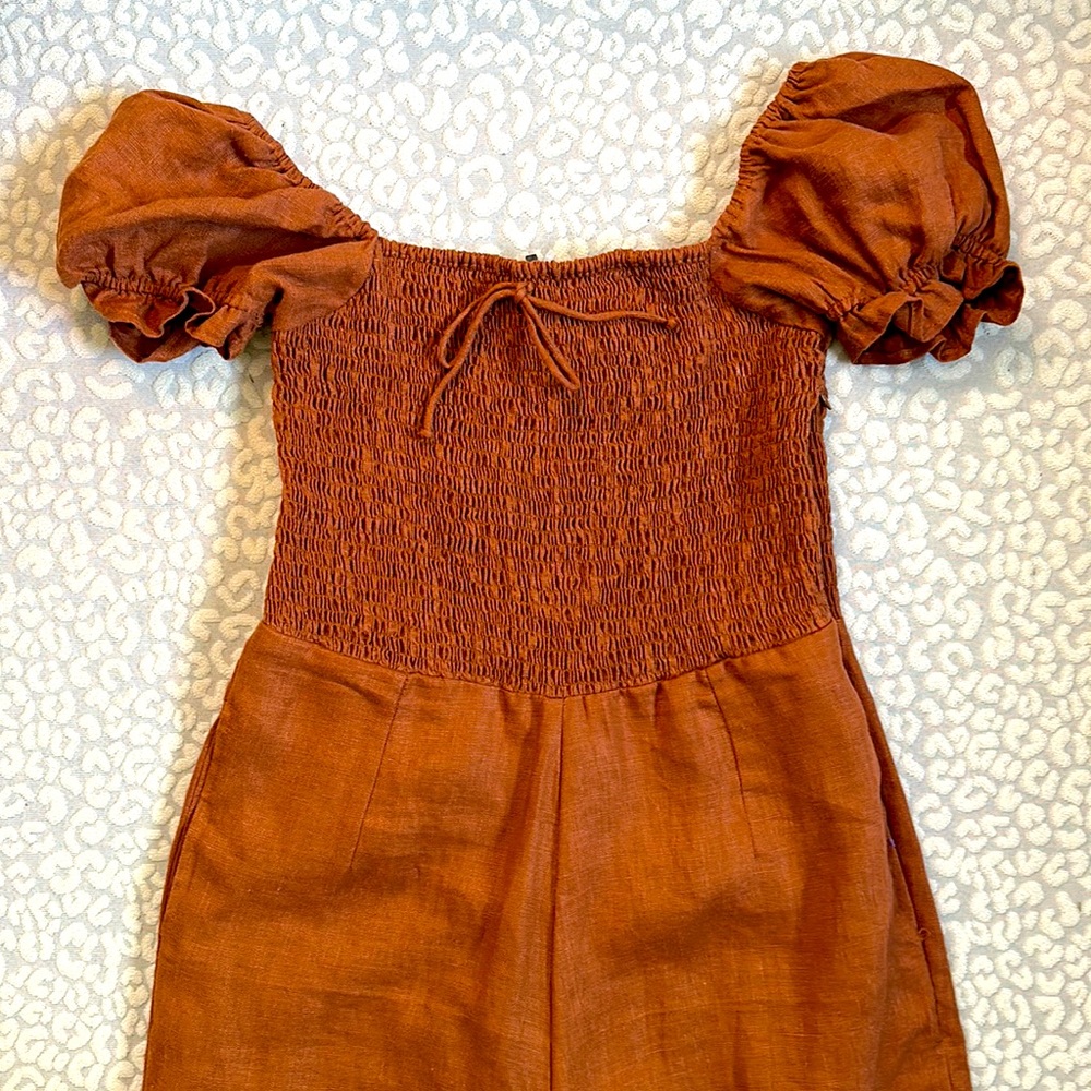 faithful the brand 100% linen chestnut colored jumpsuit off shoulder